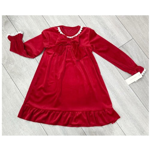 Girl's Red Velvet Bow Smock Dress 