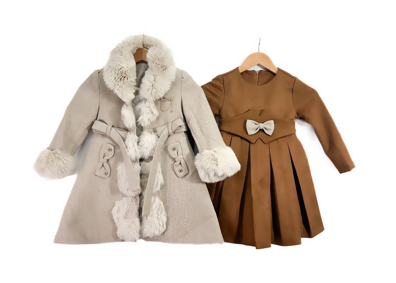 Girls Smart Dressy Lined Coat- Faux Fur Trimmed- With Matching Long Sleeve Dress- Beige