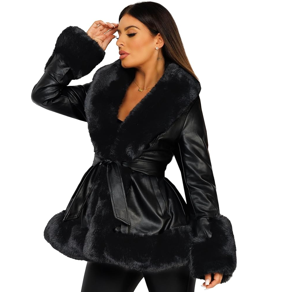 Womens Black Faux Fur Vegan Leather Swing Coat Jacket