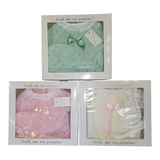 Baby Set- Knitted Bonnet, Short Sleeve Dress & Knickers- Pink, White & Green