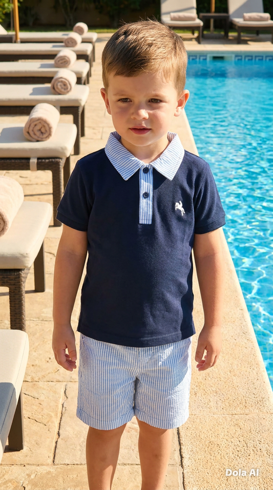 Boys Summer T-Shirt & Shorts Set- Sky & Navy Blue- Ages 1 to 5 Years