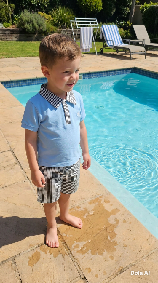 Boys Summer T-Shirt & Shorts Set- Sky & Navy Blue- Ages 1 to 5 Years