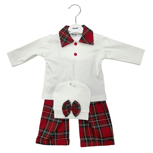 Boys White & Red Tartan Shirt, Trousers & Hat 3pc Set