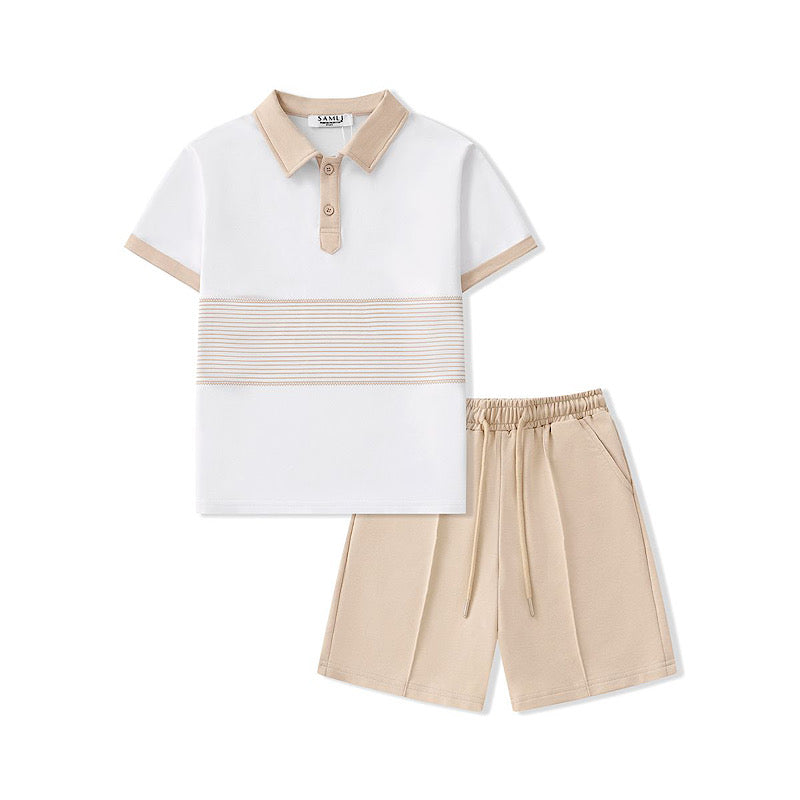 Boys Pinstripe Polo T-Shirt And Short Set- Beige or Grey- Ages 2 to 8 Years