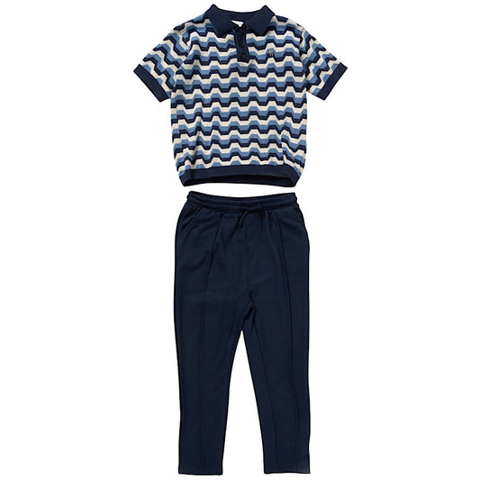 Boys Navy Zigzag Motif Polo T-Shirt & Trousers Set- Ages 2 to 4 Years