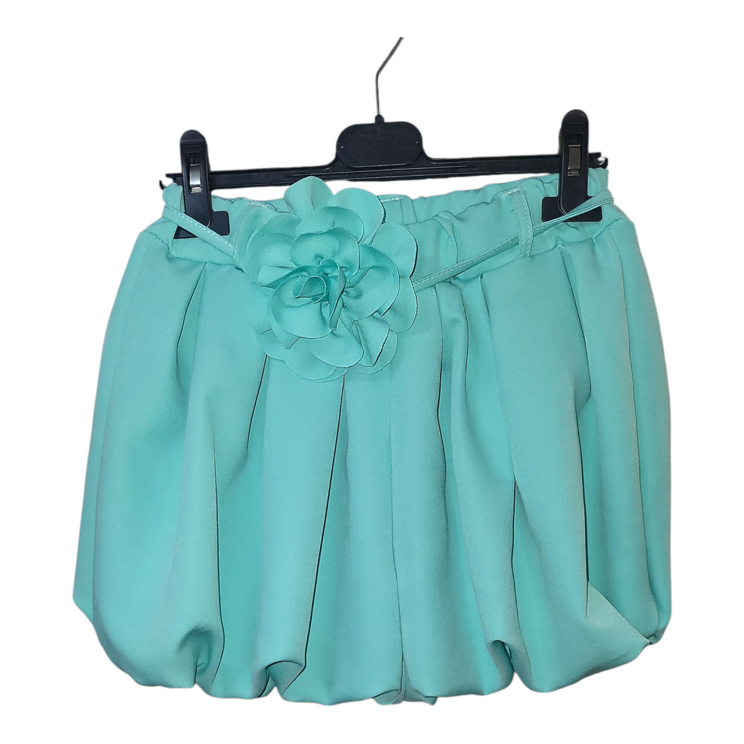 Girl's Puffy Bubble Shorts With Flower Belt- Mint Green, Pink, Sky Blue