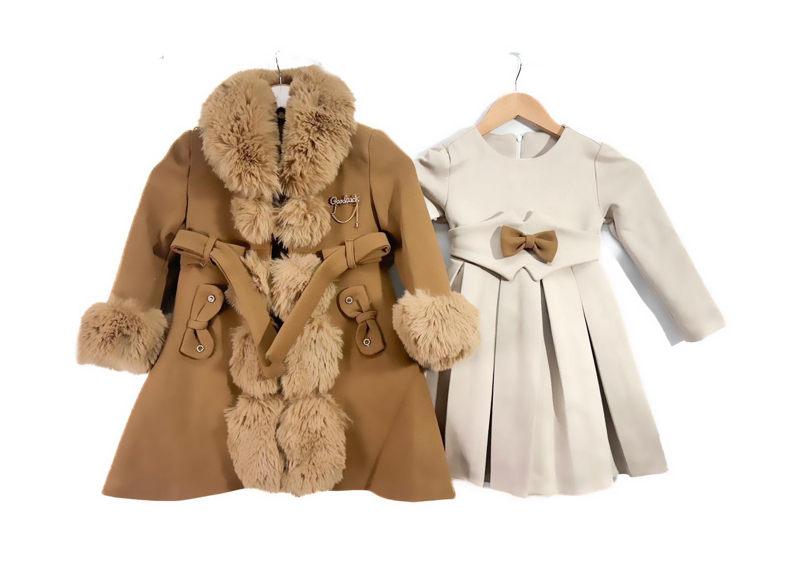 Girls Smart Dressy Lined Coat- Faux Fur Trimmed- With Matching Long Sleeve Dress- Camel