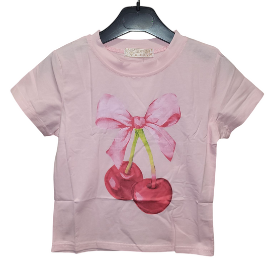 Girls Cherry & Bow Print T-Shirt- Pink