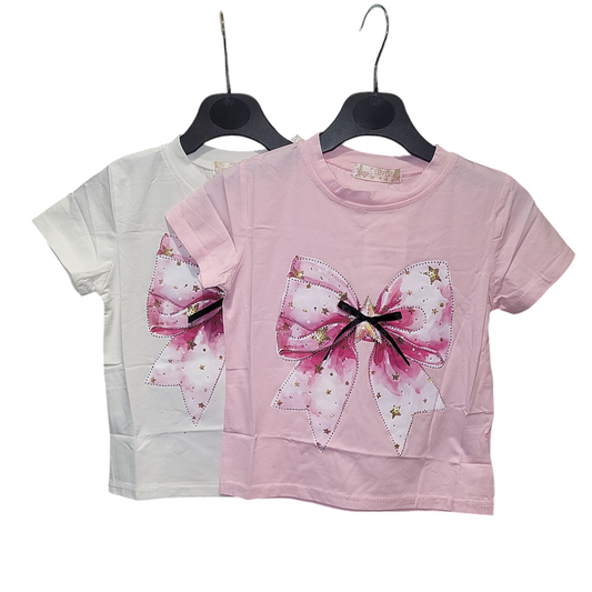 Girls Bow Print T-Shirt With Diamante Detailing- Pink or White