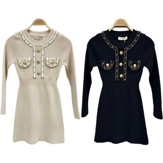 Girl's Long Sleeve Dress- Gold Buttons & Stitching Detail- Black or Beige- Ages 4 to 14