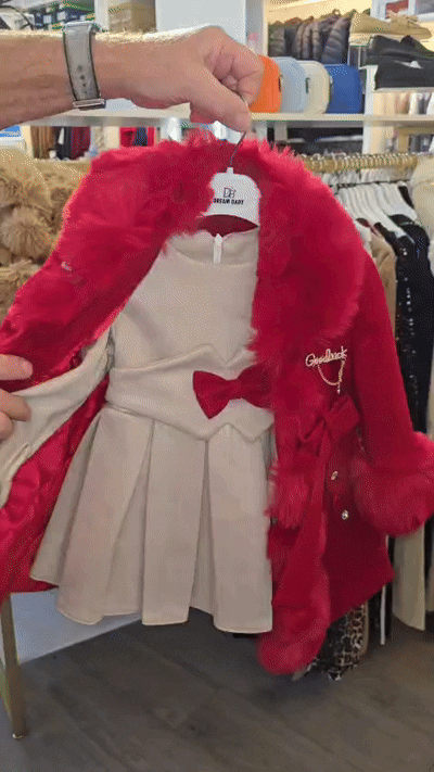 Girls Smart Dressy Lined Coat- Faux Fur Trimmed- With Matching Long Sleeve Dress- Red- Ages 2 to 6 Years