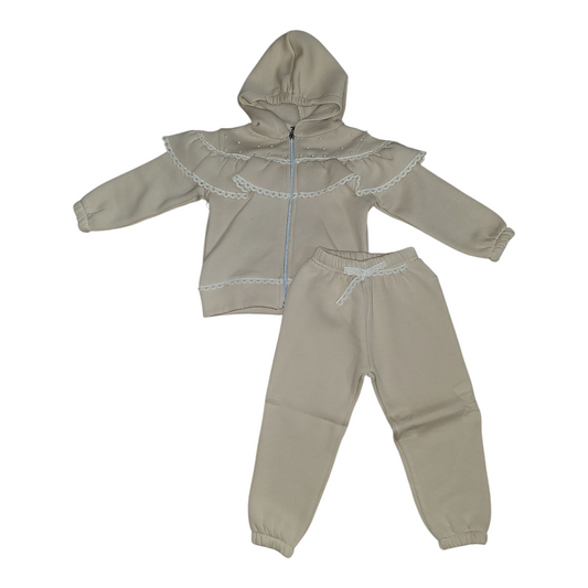 Girls Hooded Zipped Jacket & Trousers Lounge Suit- Beige