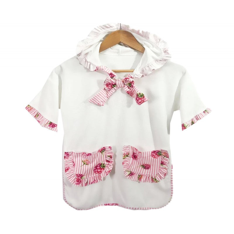 girls raspberry print hooded towelling poncho