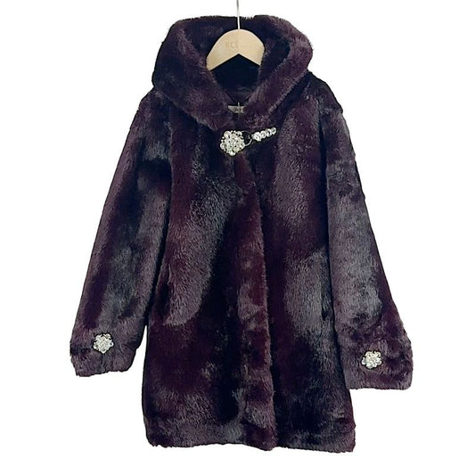 Girls Burgundy Faux Fur Buttoned Hooded Jacket With Diamante Top Closure 4-14 Years