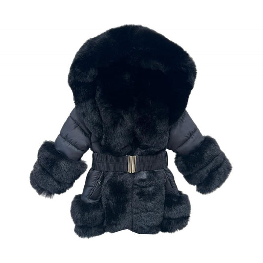 Girl's Quilted Fur Trimmed & Fur Lined Hooded Coat- Black or Red- Ages 1 to 14 Years
