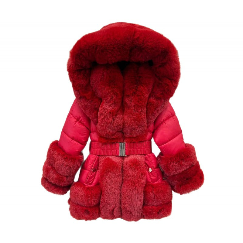 Girl's Quilted Fur Trimmed & Fur Lined Hooded Coat- Black or Red- Ages 1 to 14 Years