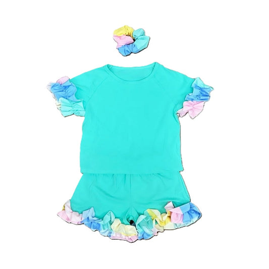 Girl's Ruffle T-Shirt & Shorts Set With Matching Scrunchie- Ages 4 to 14 Years