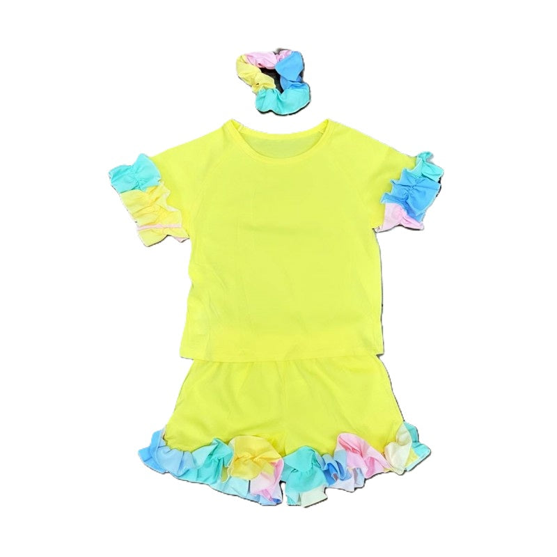 Girl's Ruffle T-Shirt & Shorts Set With Matching Scrunchie- Ages 4 to 14 Years