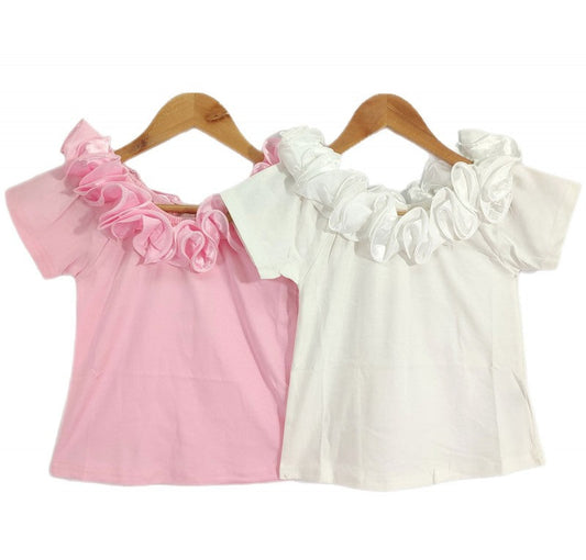 Girls Ruffle Neck Top- Pink or White