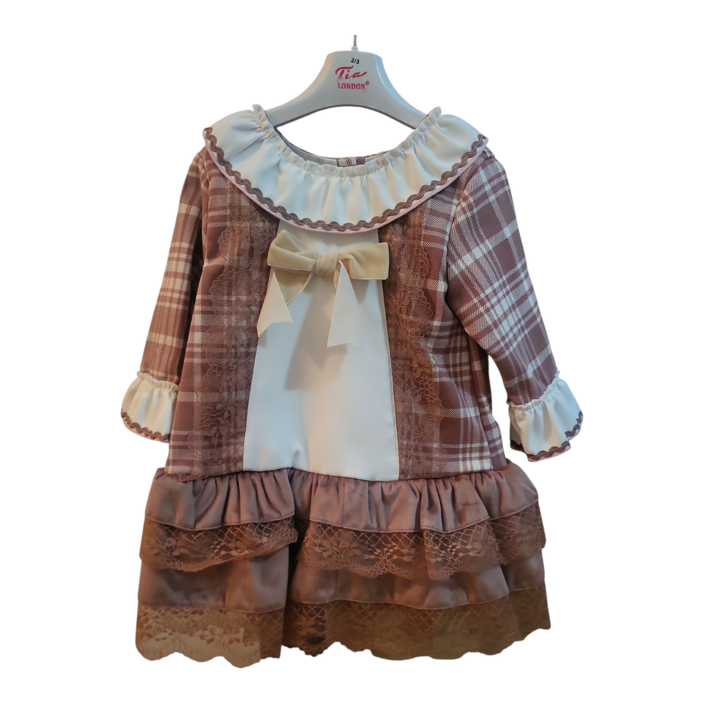 Girls Tan Tartan Long Sleeve Dress Lace Trimmed & Bows- Ages 2 to 6 Years