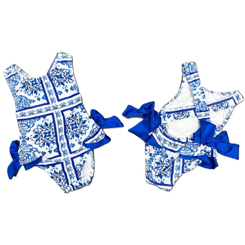 irls Blue Italian Styled Swimming Costume- DG Inspired Print- Double Blue Bow- Age 3m to 12 Years