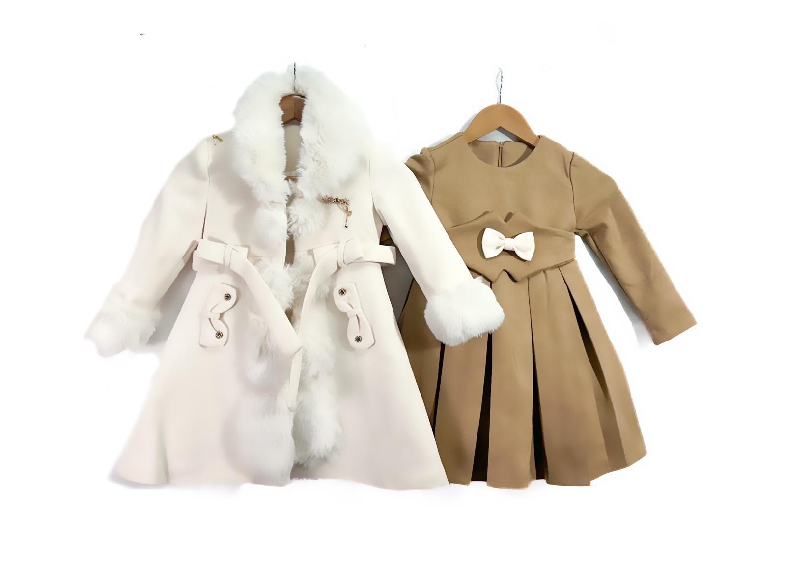 Girls Smart Dressy Lined Coat- Faux Fur Trimmed- With Matching Long Sleeve Dress- Ivory White