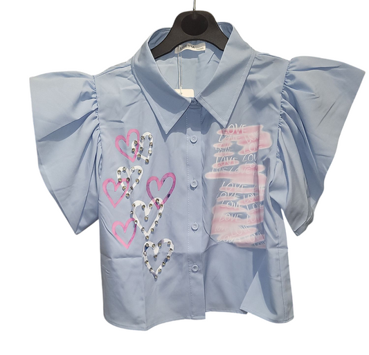 Girls Short Sleeve Love Shirt With Diamante Detailing - Blue