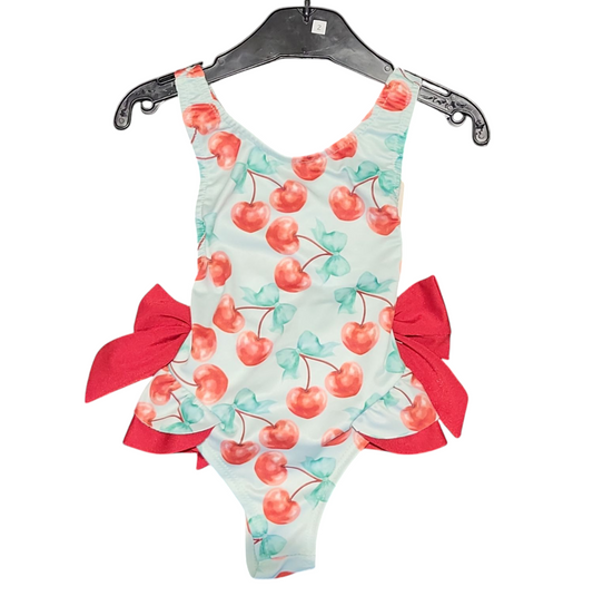 Girls Italian Styled Swimming Costume- Mint- Cherry Print