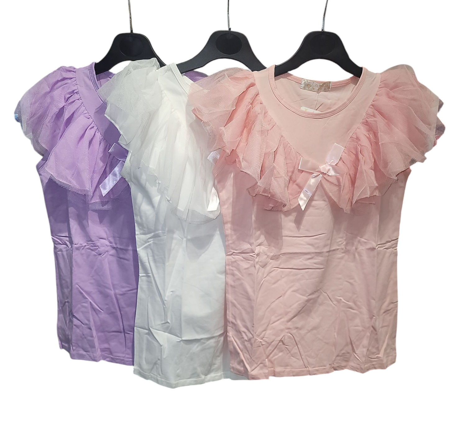 Girls Cap Sleeve Top With lace Trimmed With Bow- Ruffle Collar- Various Colours