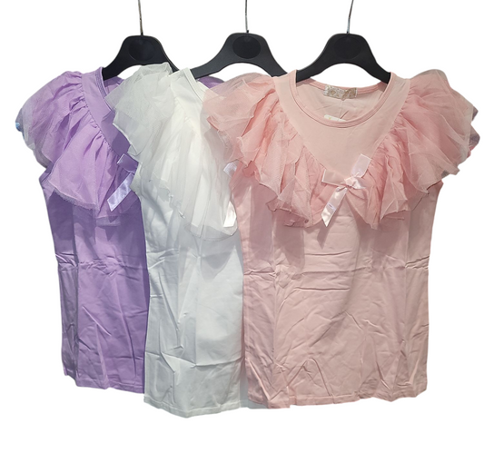 Girls Cap Sleeve Top With lace Trimmed With Bow- Ruffle Collar- Various Colours