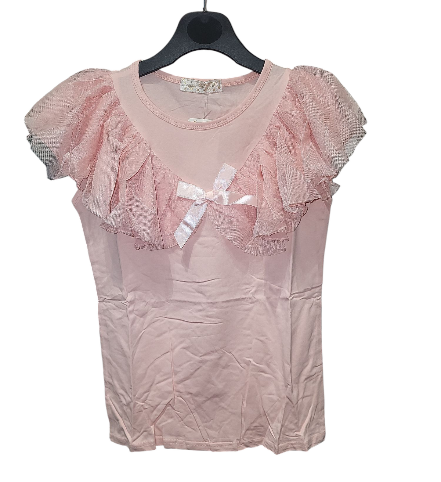 Girls Cap Sleeve Top With lace Trimmed With Bow- Ruffle Collar- Various Colours