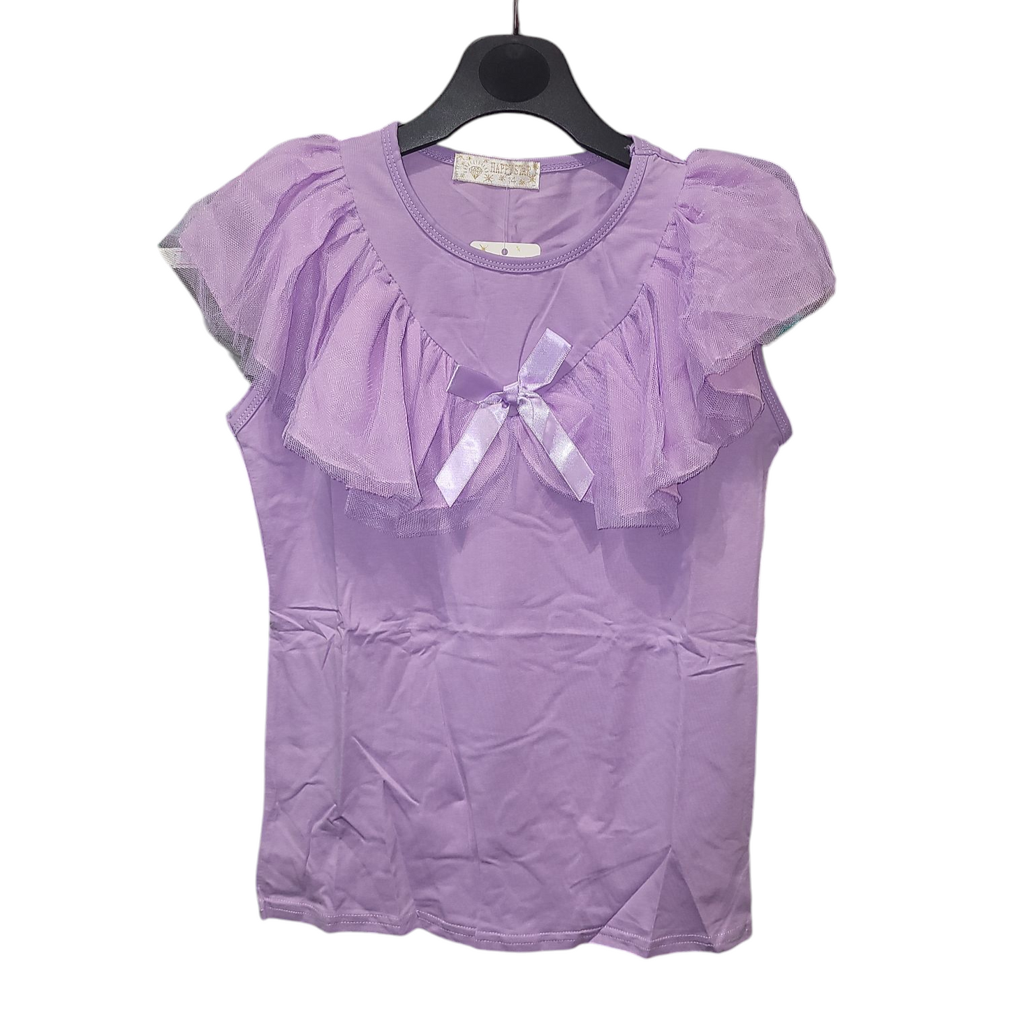 Girls Cap Sleeve Top With lace Trimmed With Bow- Ruffle Collar- Various Colours