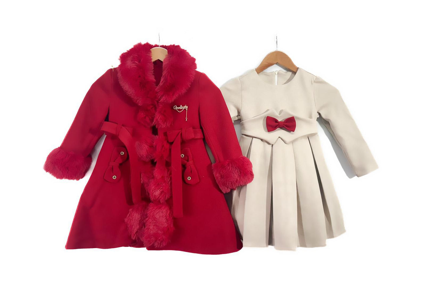 Girls Smart Dressy Lined Coat- Faux Fur Trimmed- With Matching Long Sleeve Dress- Red
