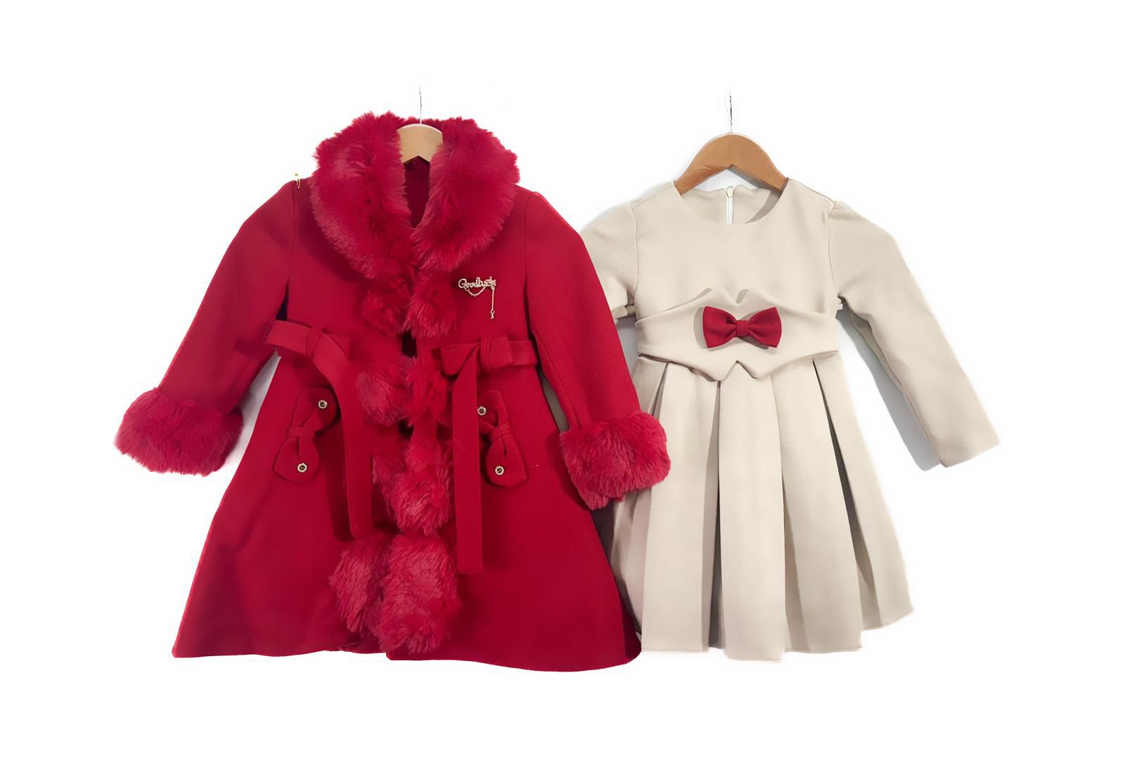 Girls Smart Dressy Lined Coat- Faux Fur Trimmed- With Matching Long Sleeve Dress- Red