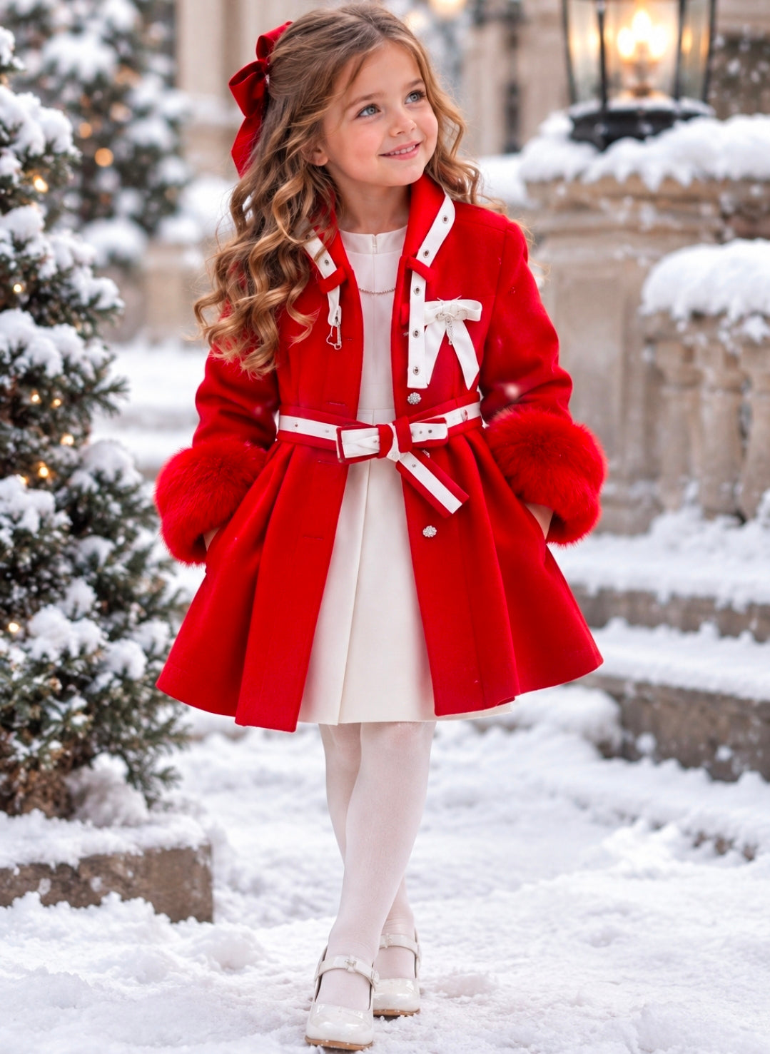 Girl's Red Coat With White Plus White Faux Leather Dress With Dimond