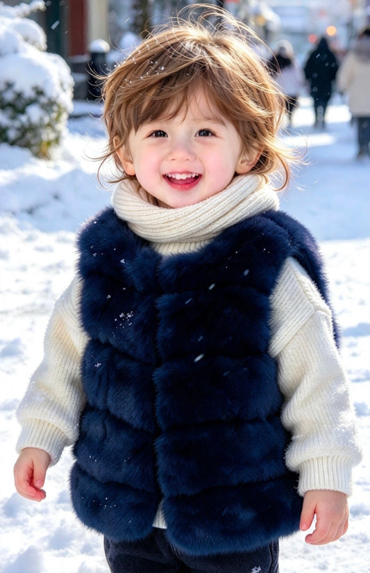 Girl's Faux Fur Lined Gillet- Navy Blue Ages 4 to 13 Years