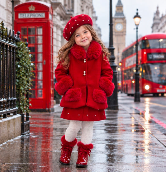 Girls Red Faux Fur Trimmed Pearl Embellished Coat, Dress & Hat Set- Ages 5 to 14 Years