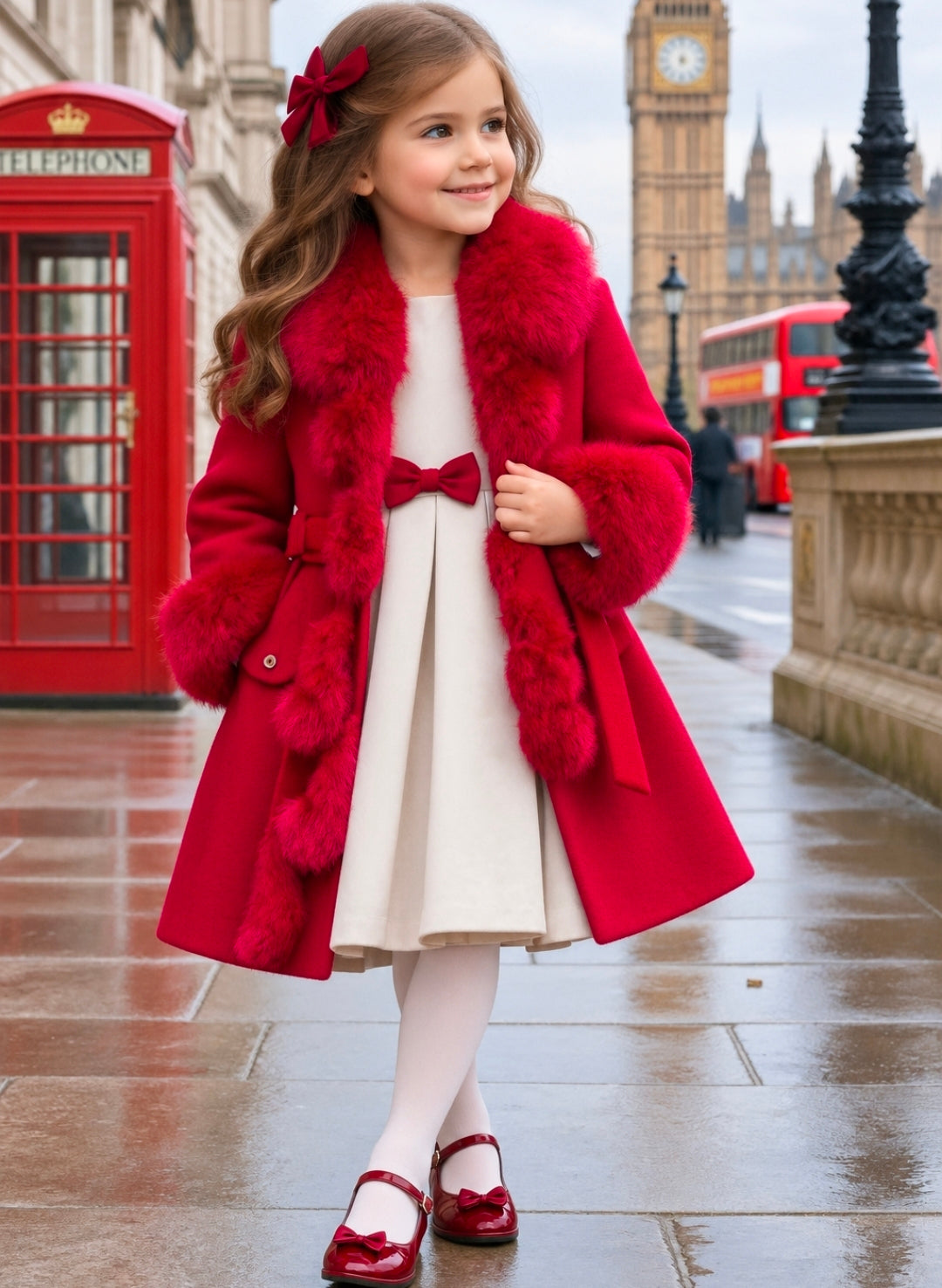 Girls Smart Dressy Lined Coat- Faux Fur Trimmed- With Matching Long Sleeve Dress- Red- Ages 2 to 6 Years