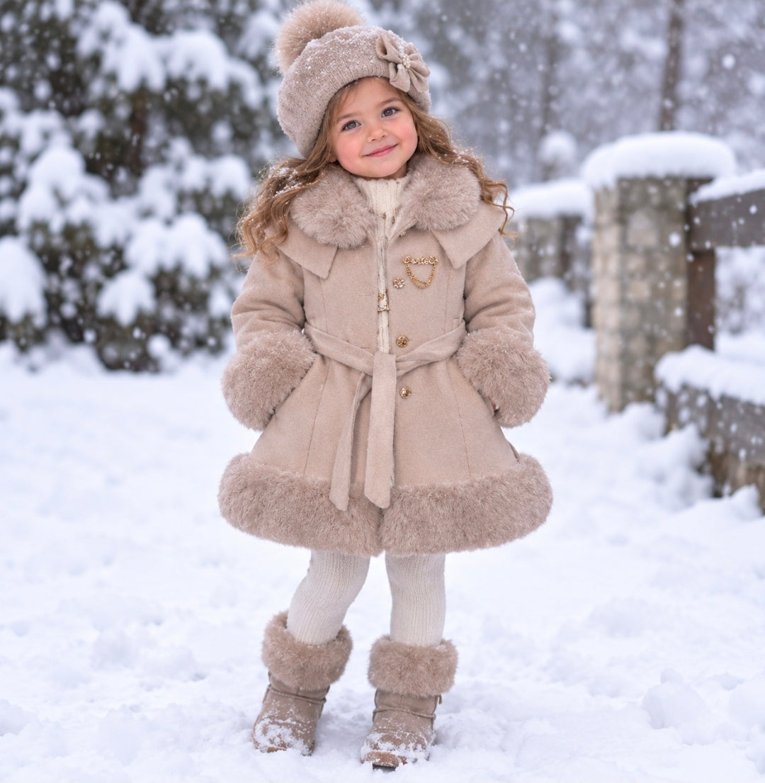 Girls Cream Coat With Faux Fur, Cream And Gold Dress