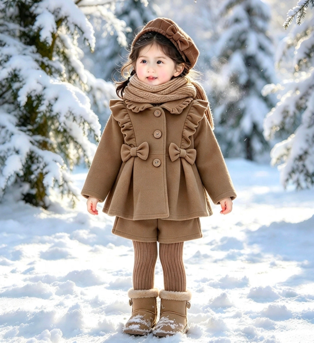 Girls 3pc Caramel Coat Shorts And Hat Set. Age 1 to 6 Years