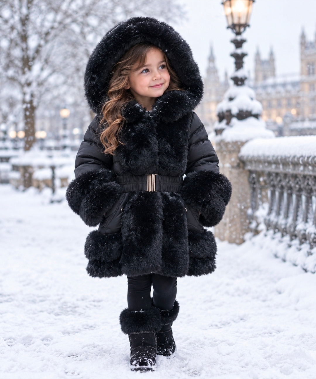 Girl's Luxury Quilted Faux Fur Trimmed & Fur Lined Hooded Coat- Black or Red- Ages 1 to 14 Years