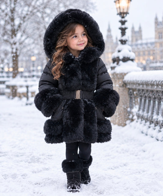 Girl's Luxury Quilted Faux Fur Trimmed & Fur Lined Hooded Coat- Black or Red- Ages 1 to 14 Years
