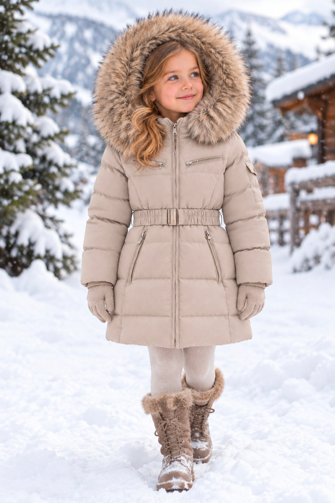 Girls Large Faux Fur Trim Hooded Coat- Black or Beige- 1 to 5 Years