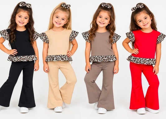 Girl's Short Sleeve Top & Flared Trouser Set With Leopard Print Trim + Hairband- Beige or Black- Ages 3 to 14 Years