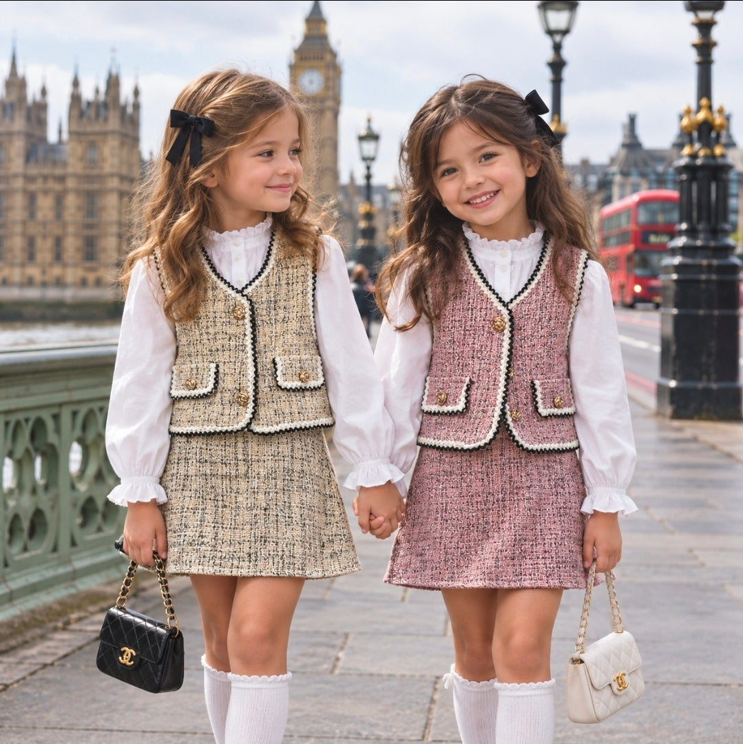 Girl's Waist Coat & Skirt Set- Beige or Khaki- Ages 4 to 14