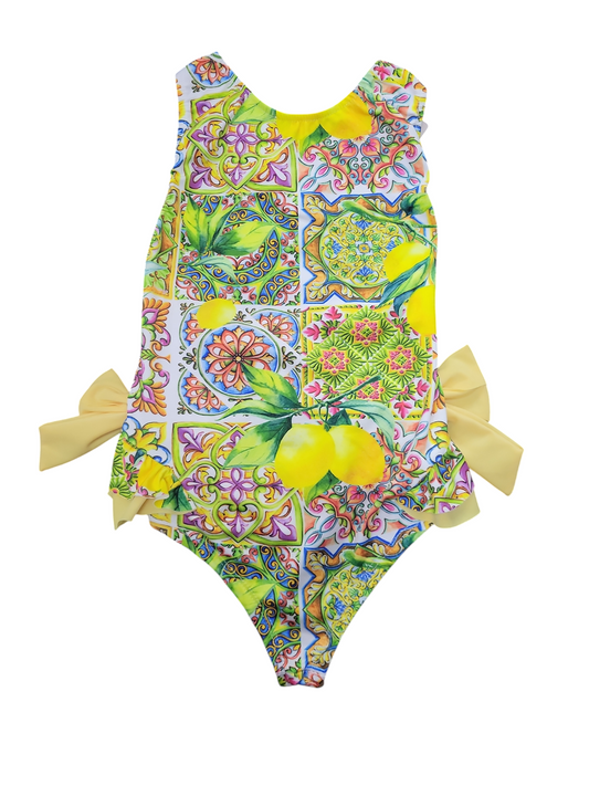 Girls Italian Styled Swimming Costume- Multi-Coloured With Lemons & Yellow Bows