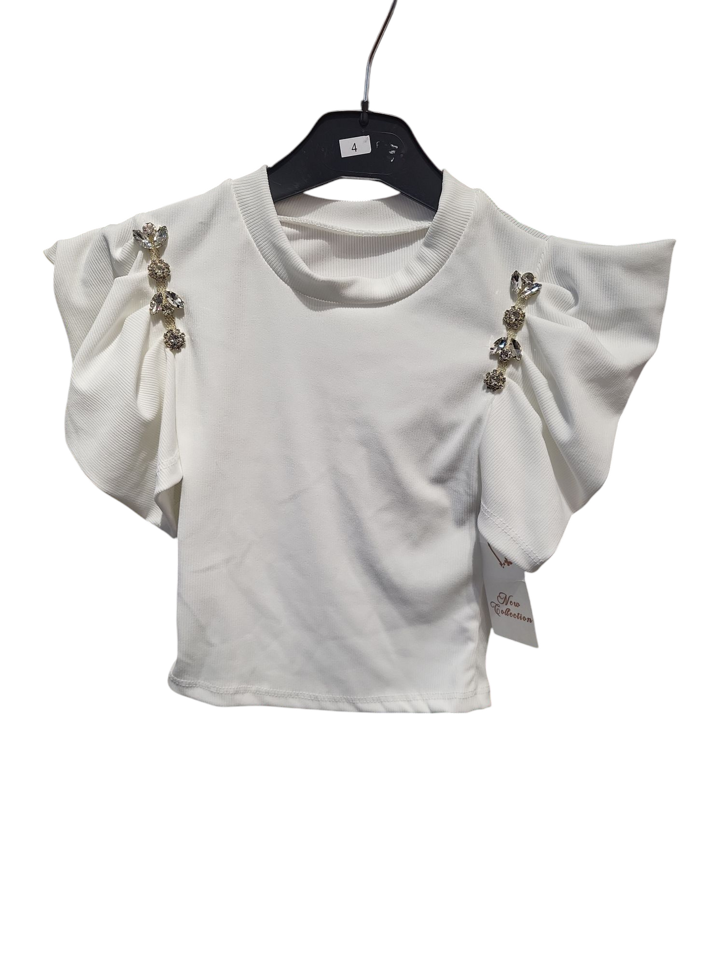 Girls Fine Ribbed Short Sleeve Top With Diamante Detailing- White or Pink