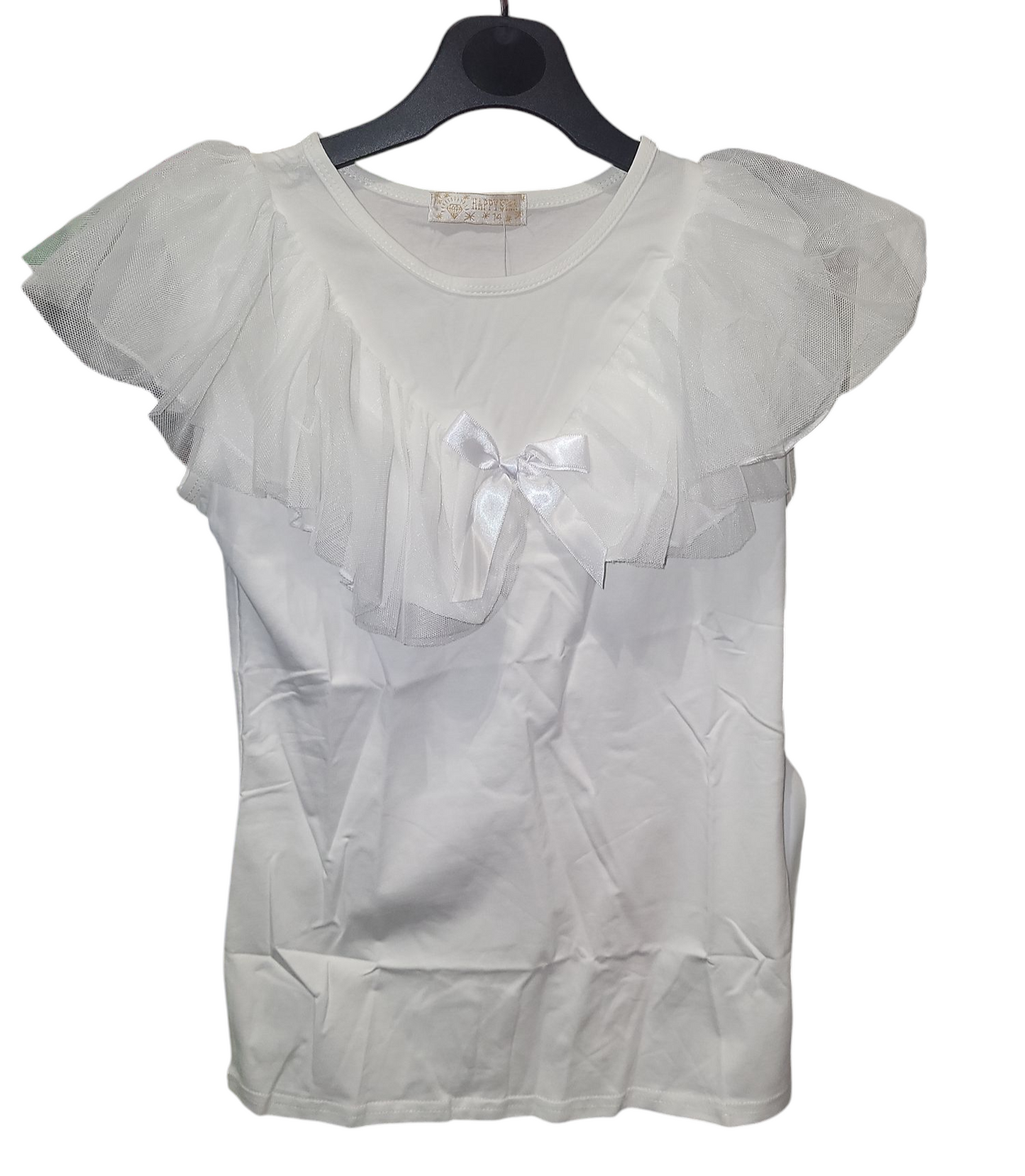 Girls Cap Sleeve Top With lace Trimmed With Bow- Ruffle Collar- Various Colours