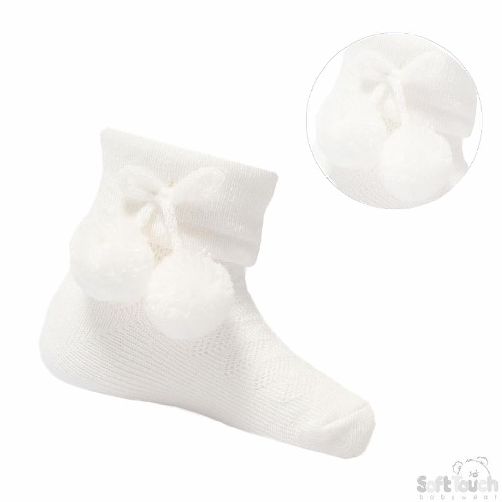 Baby Pompom Socks- Cream/Baby Blue/White- 0 to 24 Months